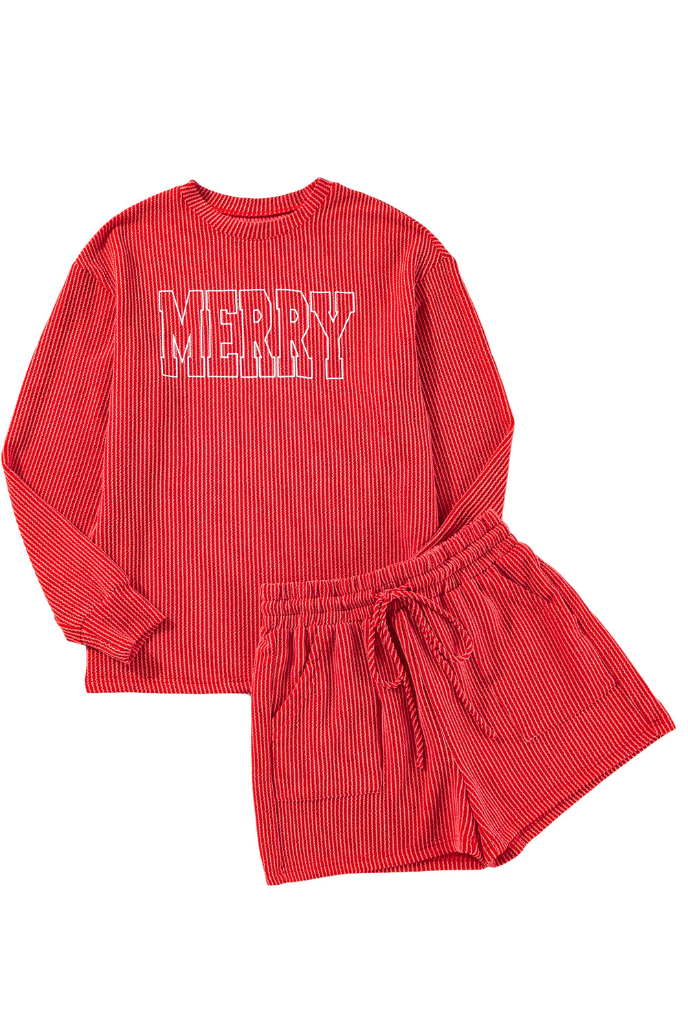 Red MERRY Long Sleeve Top and Shorts Pajama Set