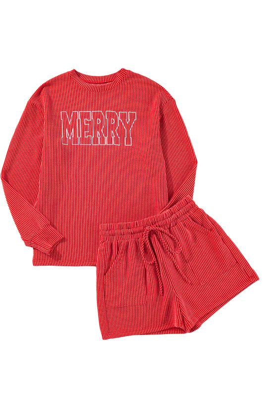 Red MERRY Long Sleeve Top and Shorts Pajama Set