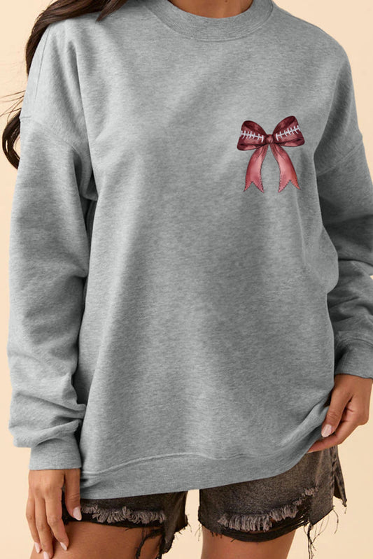 Gray Football Bow Print Pullover Sweatshirt