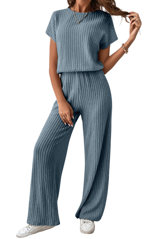 Blue Ribbed Short Sleeve Wide Leg Jumpsuit