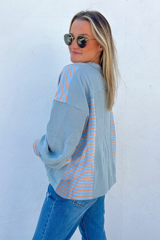 Blue Seam Waffle Striped Patchwork Baggy Pullover