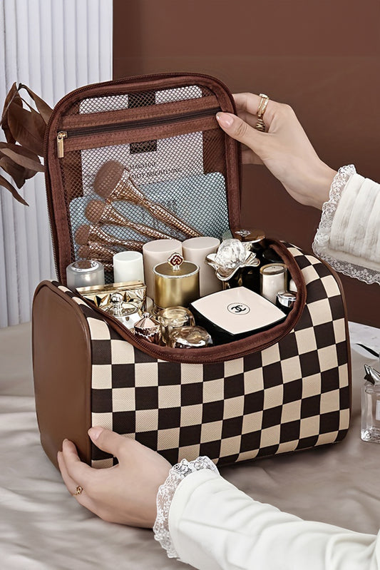Checkered Large Cosmetic Bag with Handle