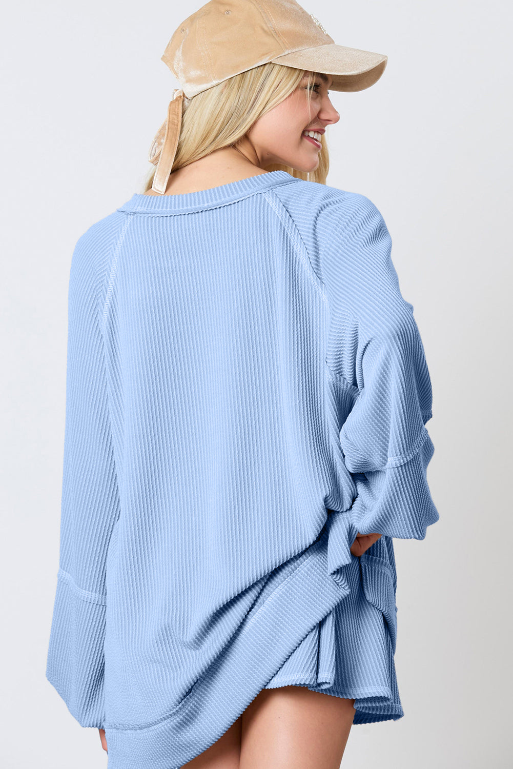 Sky Blue Sleeve Pullover Ruffle Mini Skirt Set