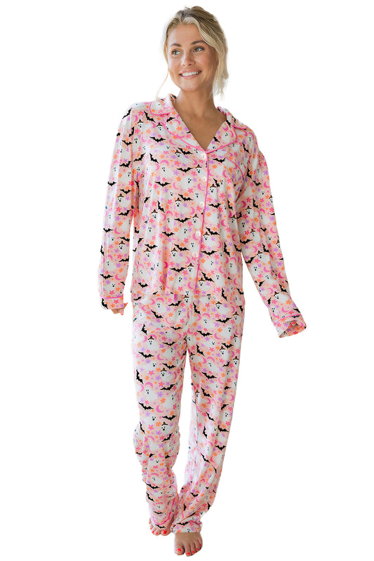 Pink Ghost Print Long Pajama Set