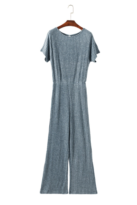 Blue Ribbed Short Sleeve Wide Leg Jumpsuit