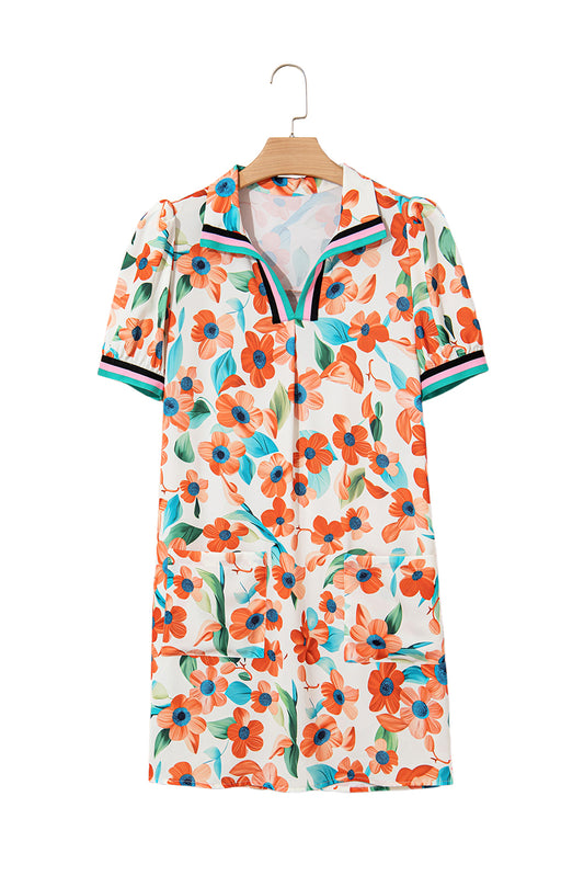 Split Neck Puff Sleeve Floral Mini Dress