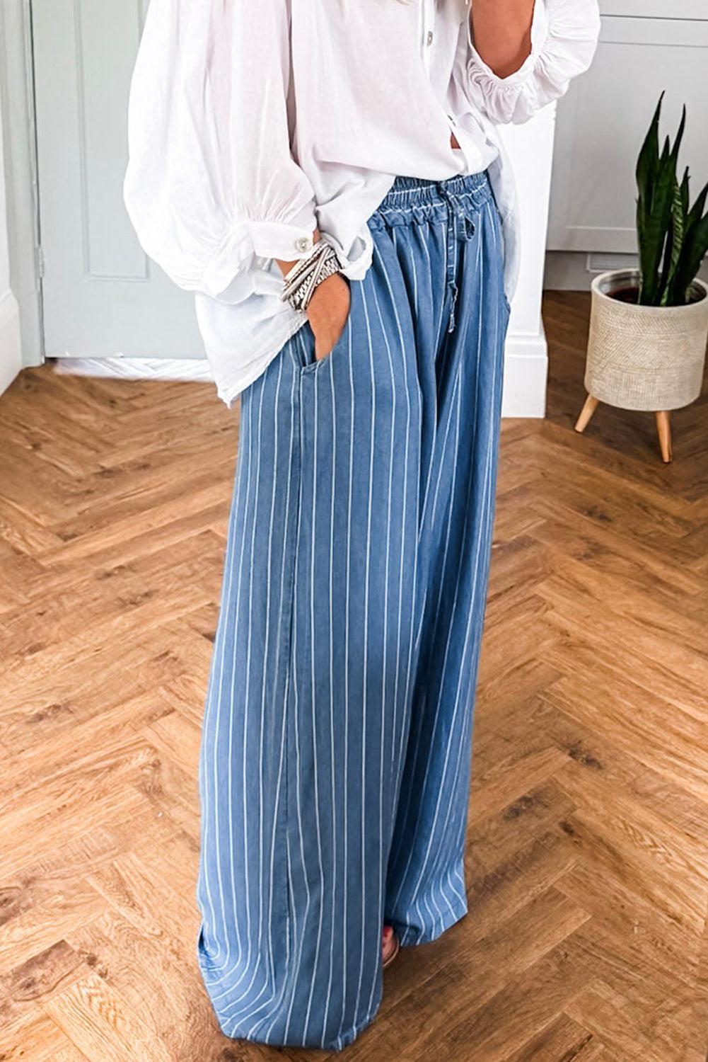 Blue Stripe Wide Leg Tied Elastic Waist Bottoms