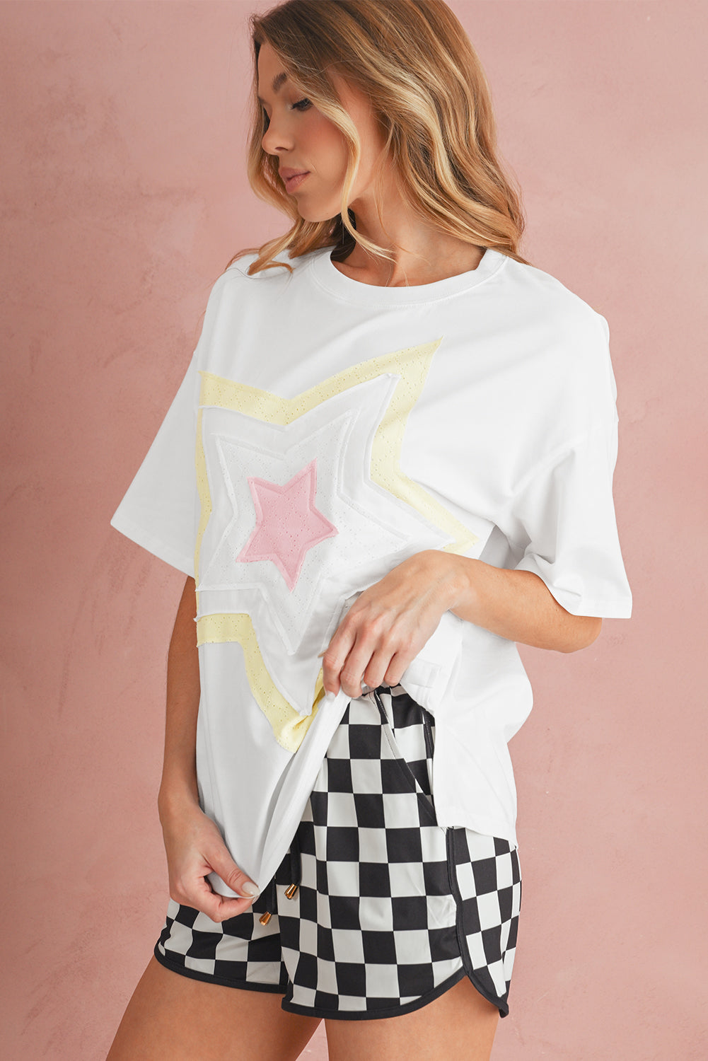 White Star Patched Drop Shoulder Half Sleeve Loose Tee