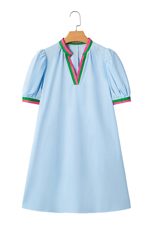 Striped Pop of Color V Neck Puff Sleeve Mini Dress