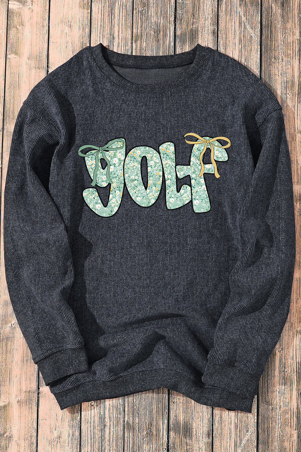 Gray Twisted Ribbed Floral GOLF Bow Printed Sweatshirt