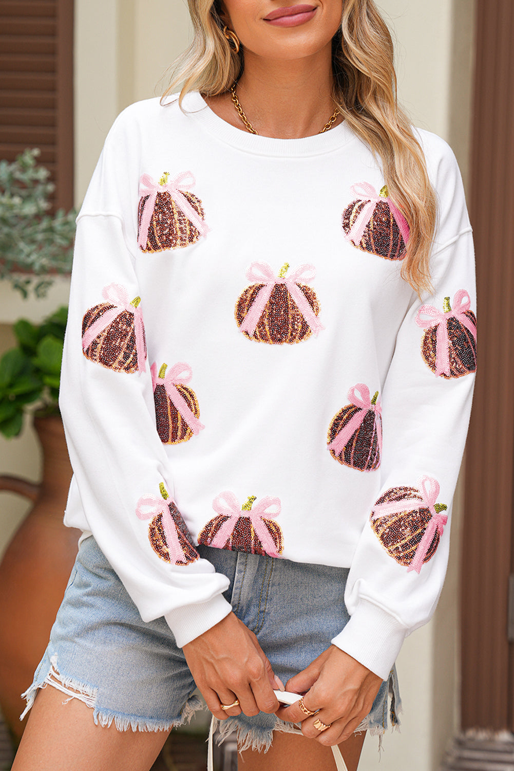 White Sequin Bow Pumpkin Baggy Sweatshirt
