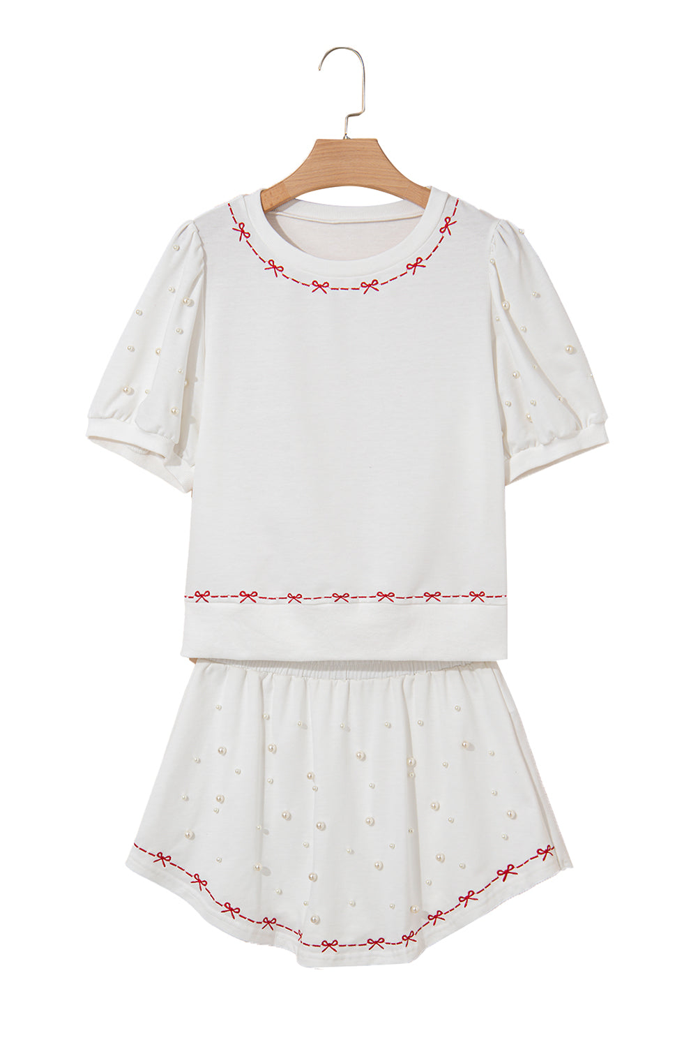 Pink Bow Trim Pearl Blouse and Skort Set