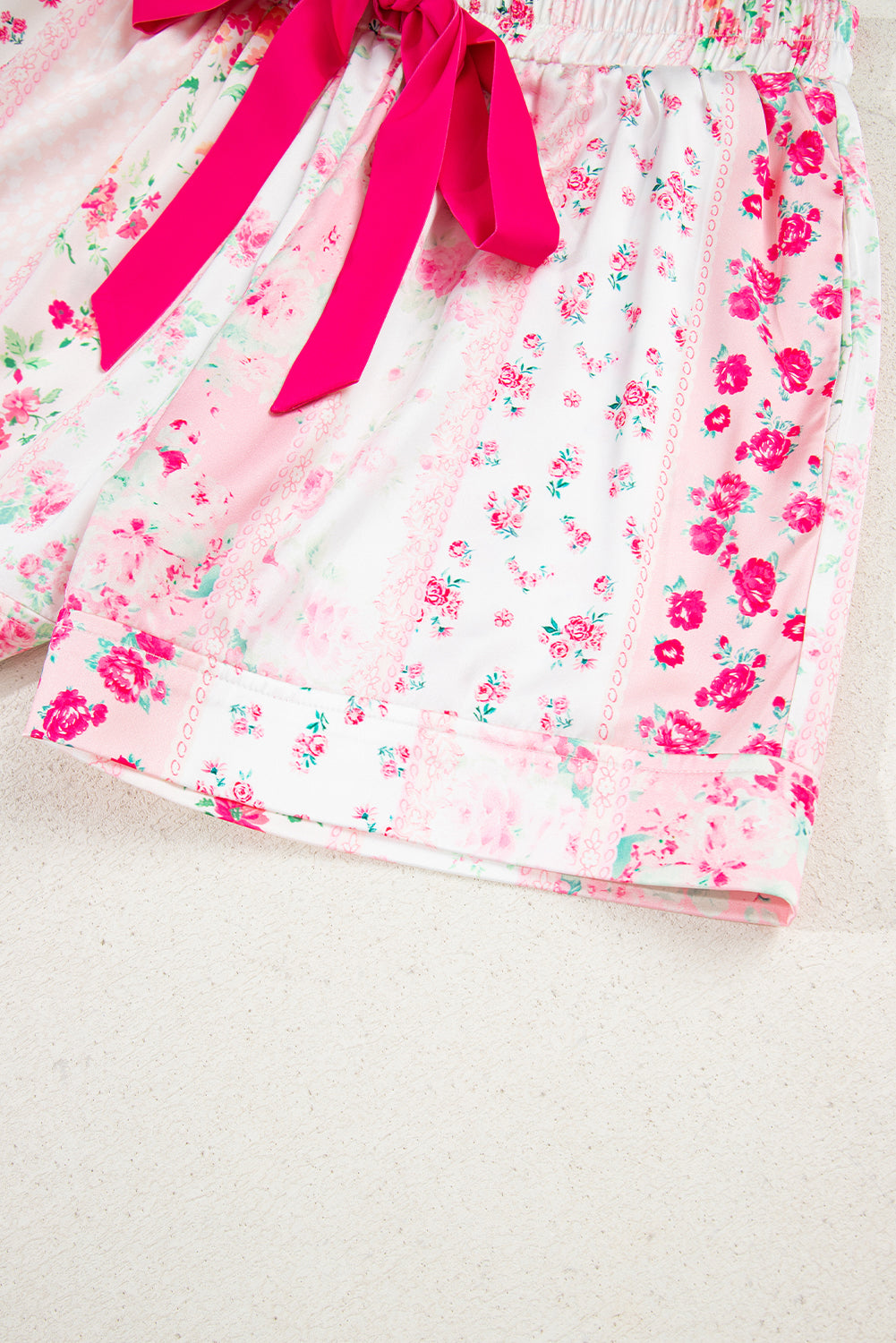 Pink Floral Print Satin Tie Pajama Set