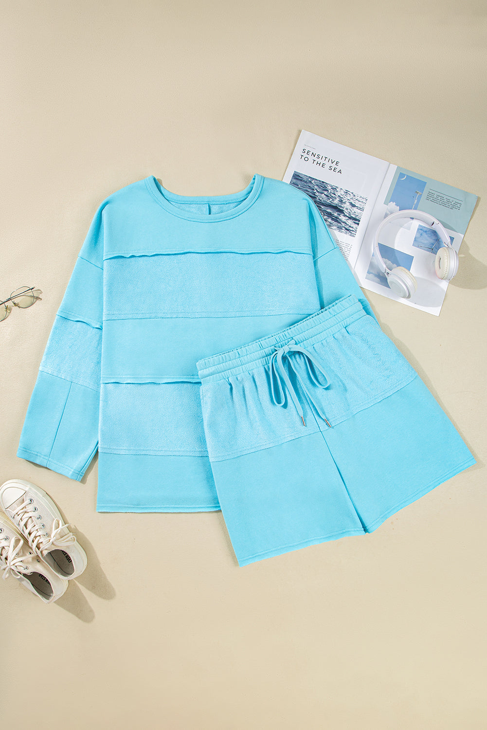 Blue Solid Color Pullover Top Plus Size Raw Hem Shorts Set