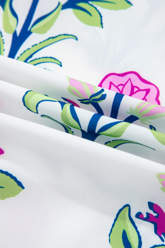 White Floral Print V Neck Mini Dress