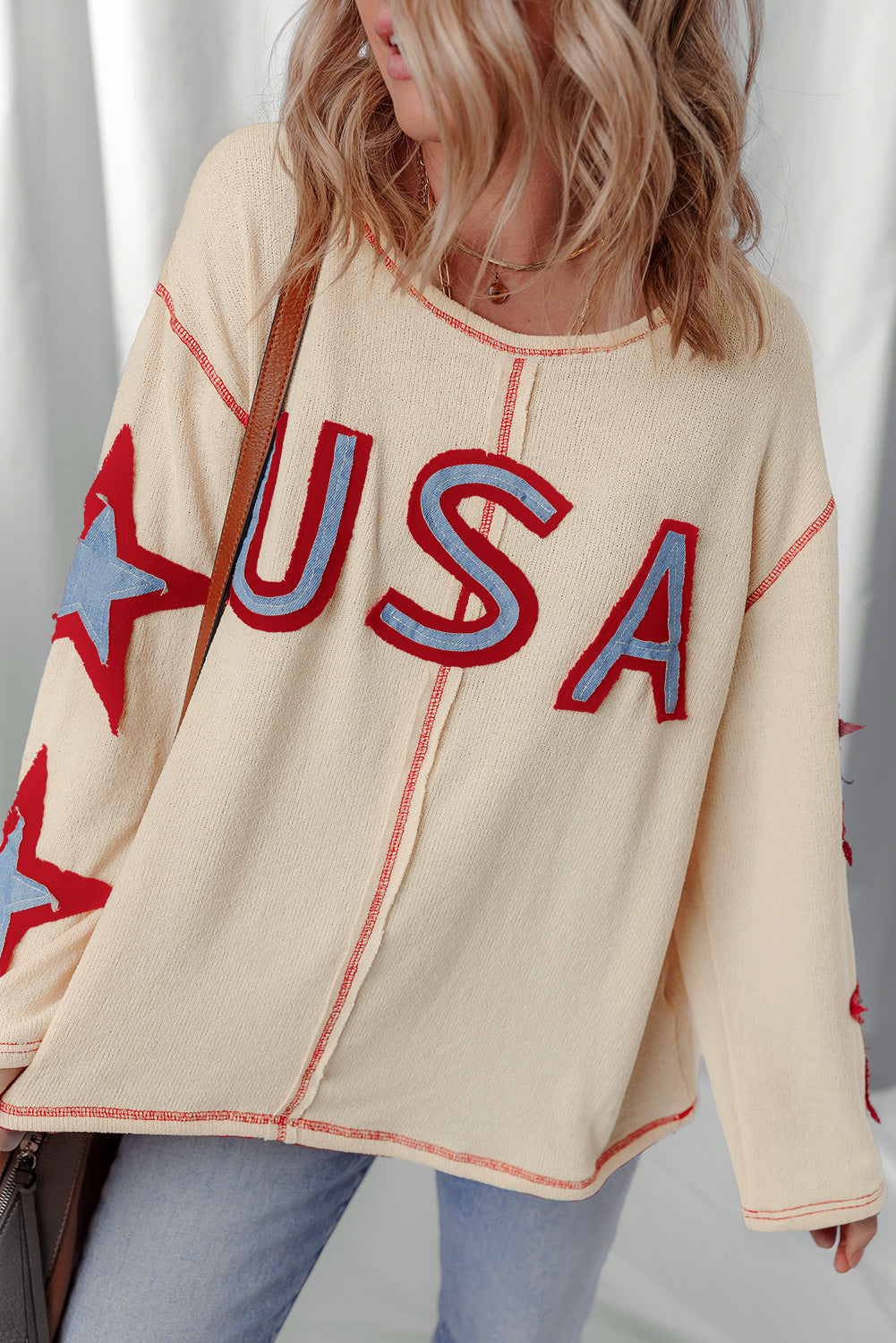 Beige USA Star Long Sleeve Top