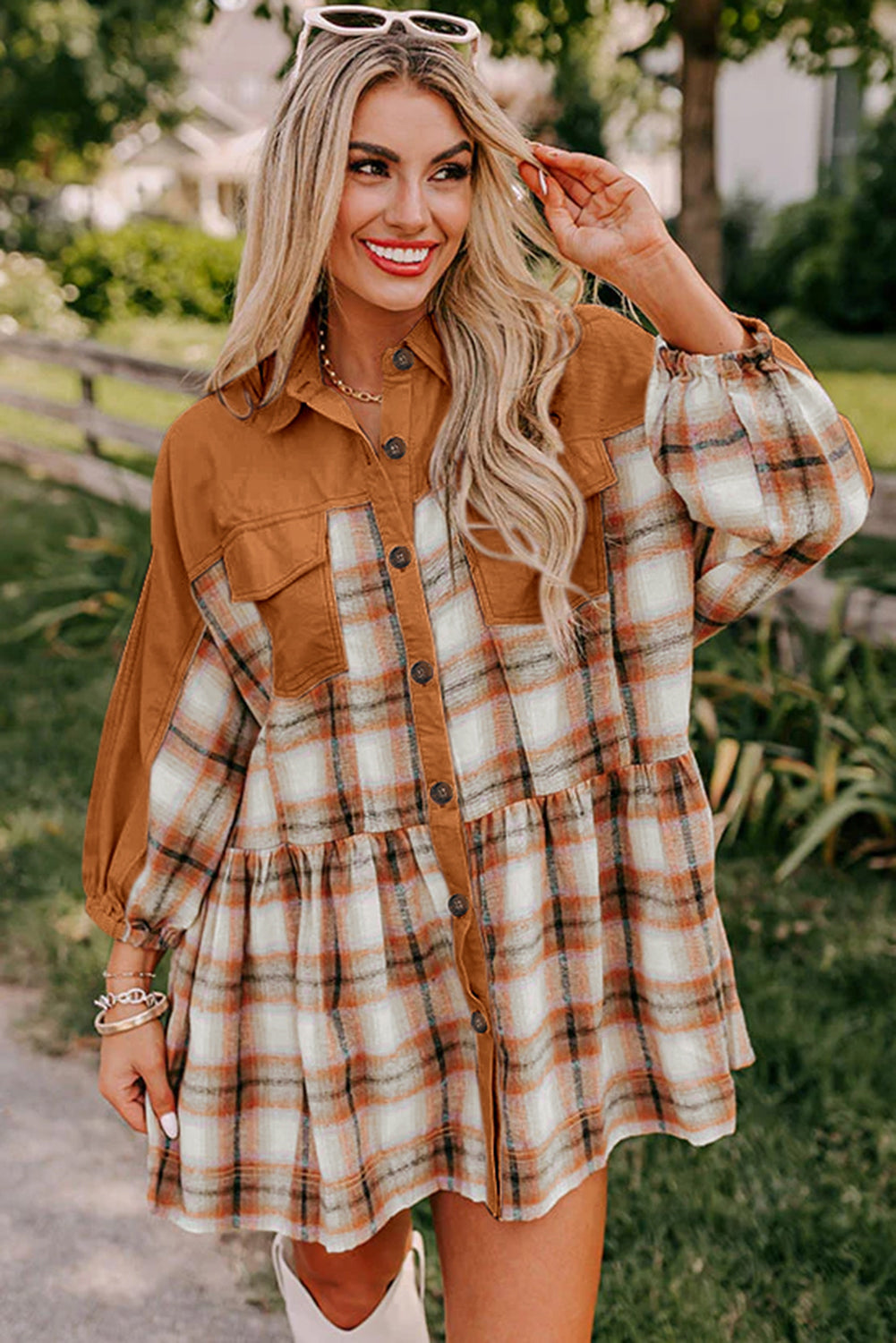 Khaki Plaid Shirt Dress