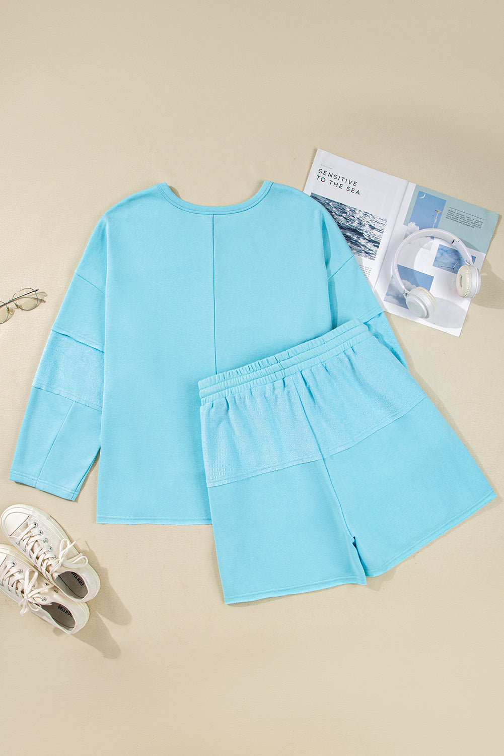 Blue Solid Color Pullover Top Plus Size Raw Hem Shorts Set