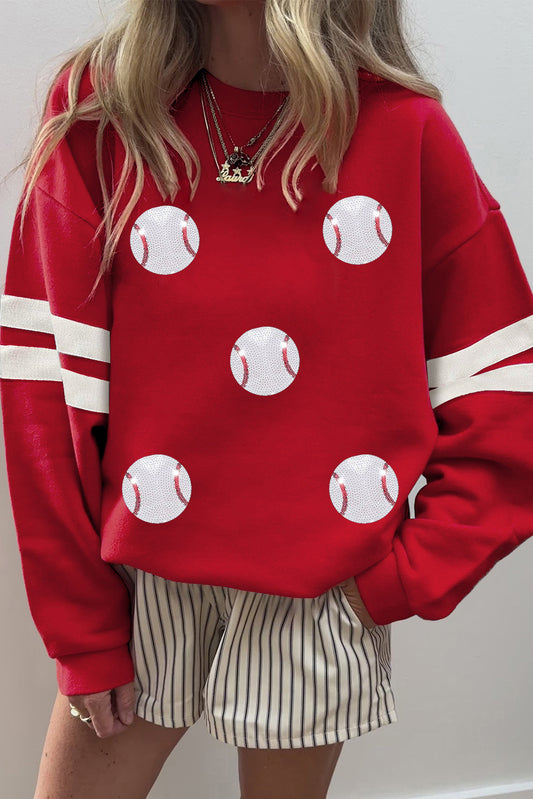 Red Glitter Baseball Patched Drop Shoulder Varsity Sweatshirt