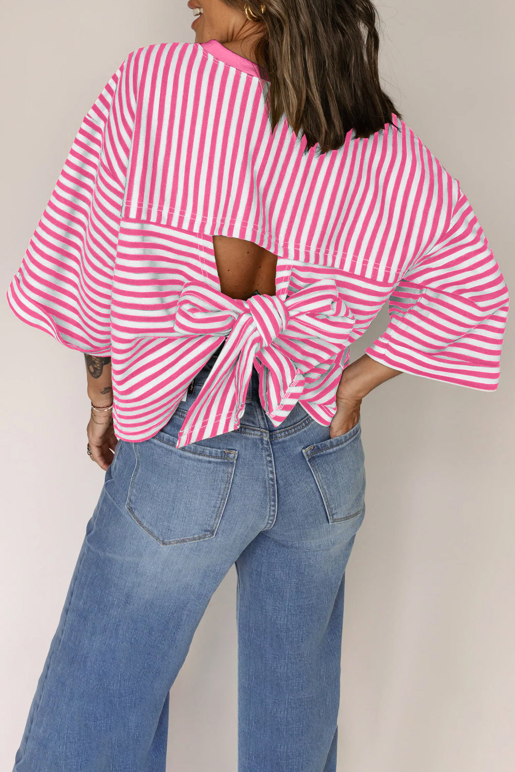 Red Striped Bowknot Backless T-Shirt