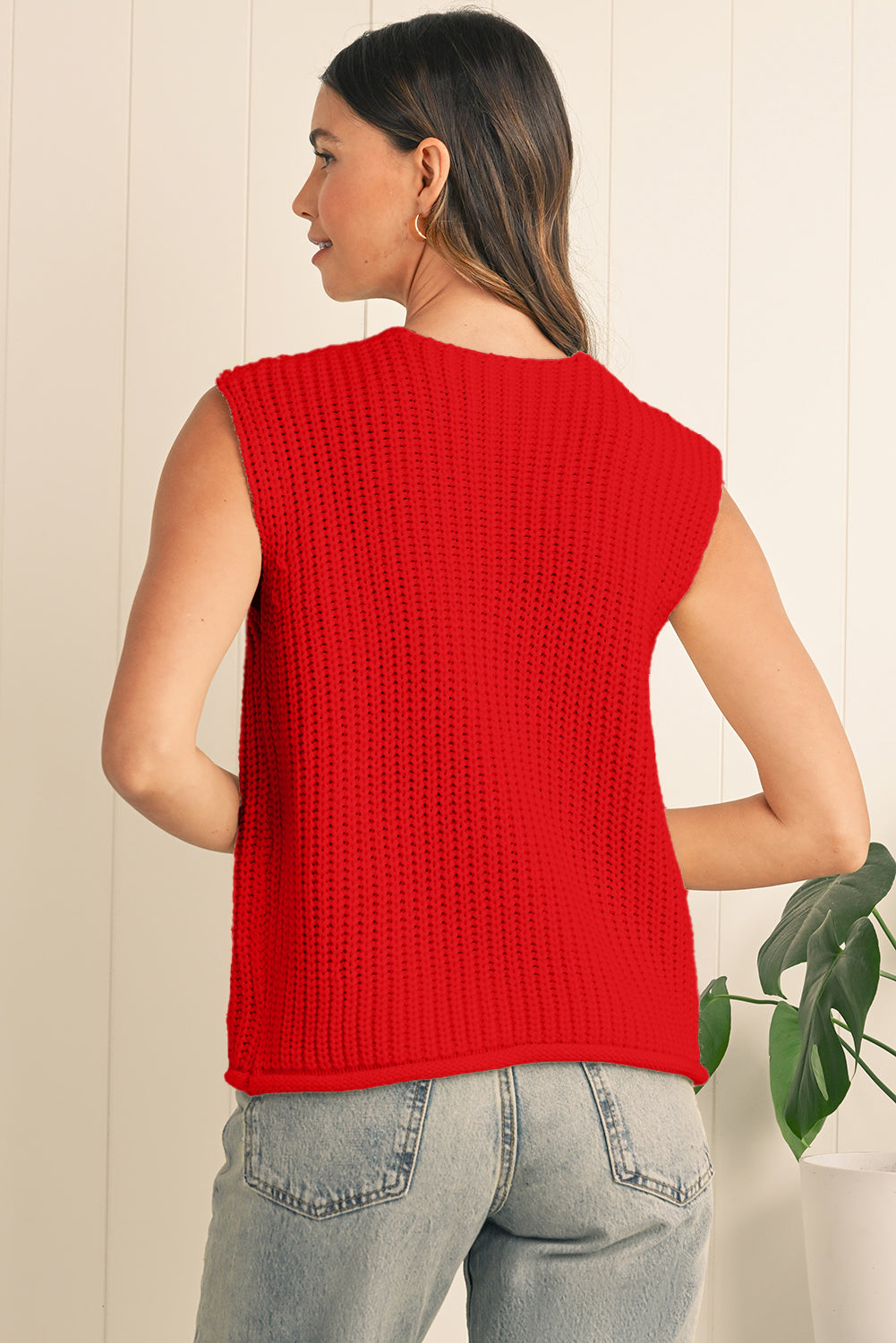Red Solid Textured Knit Side Pockets Buttoned Sweater Vest
