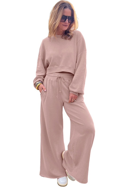 Light Pink Crop Pullover Drawstring Wide Leg Pants Set