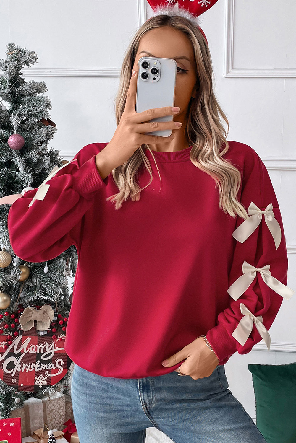 Red Sweet Bowknot Round Neck Sweatshirt