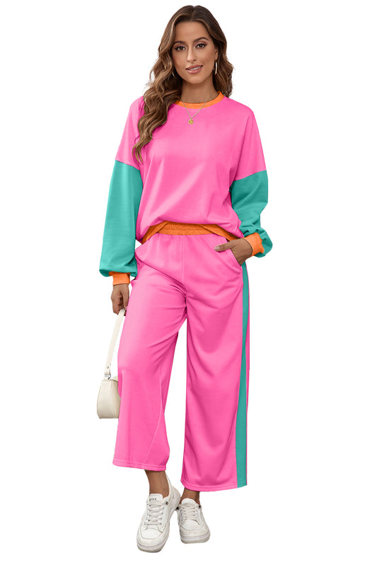 Rose Red Colorblock Patchwork Long Sleeve Top and Pants Set