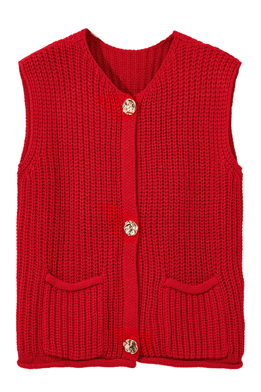 Red Solid Textured Knit Side Pockets Buttoned Sweater Vest