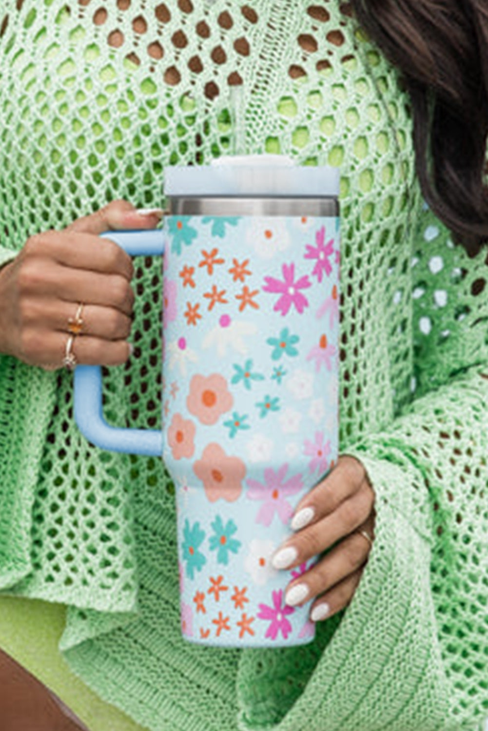 Blue Flower Print Handled Cup with Straw 40oz