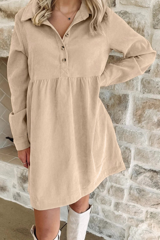 Oatmeal Half Button Collared Long Sleeve Mini Dress