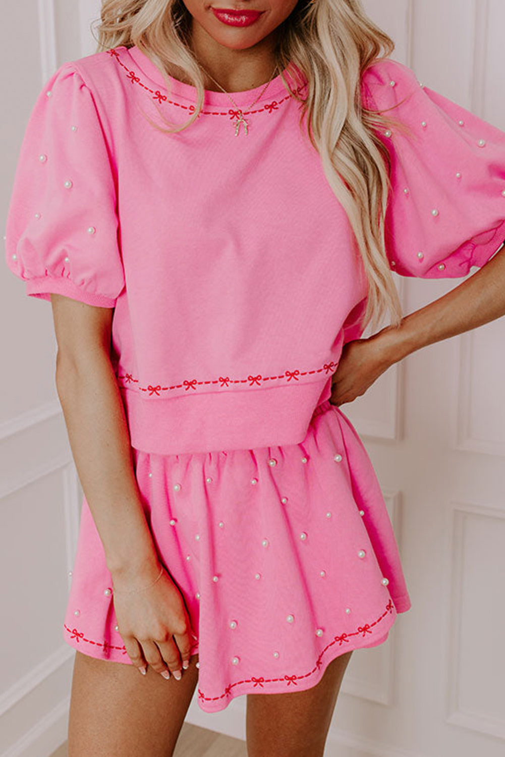 Pink Bow Trim Pearl Blouse and Skort Set