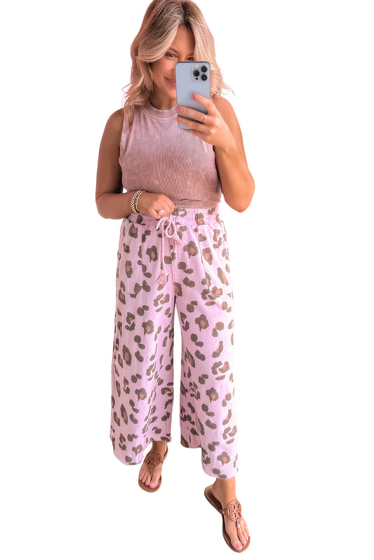 Pink Drawstring Leopard Print Patch Pocket Loose Pants