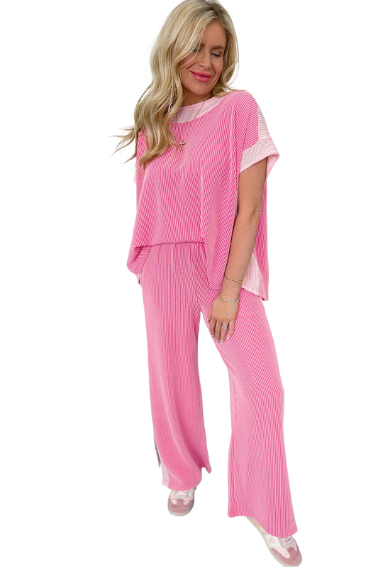 Pink Colorblock Patchwork Corded Pants Set