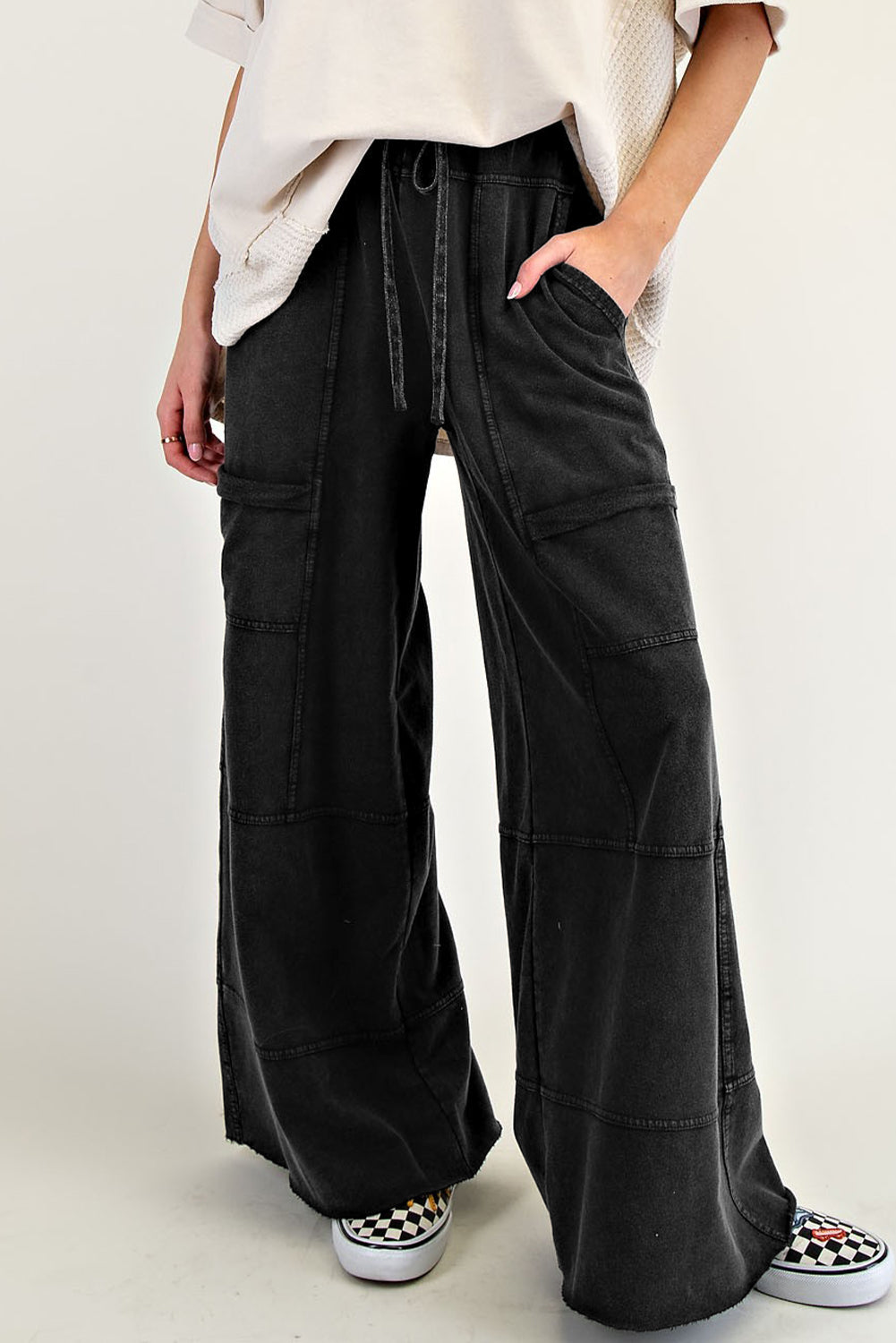 Black Exposed Seam Wide Leg Pants