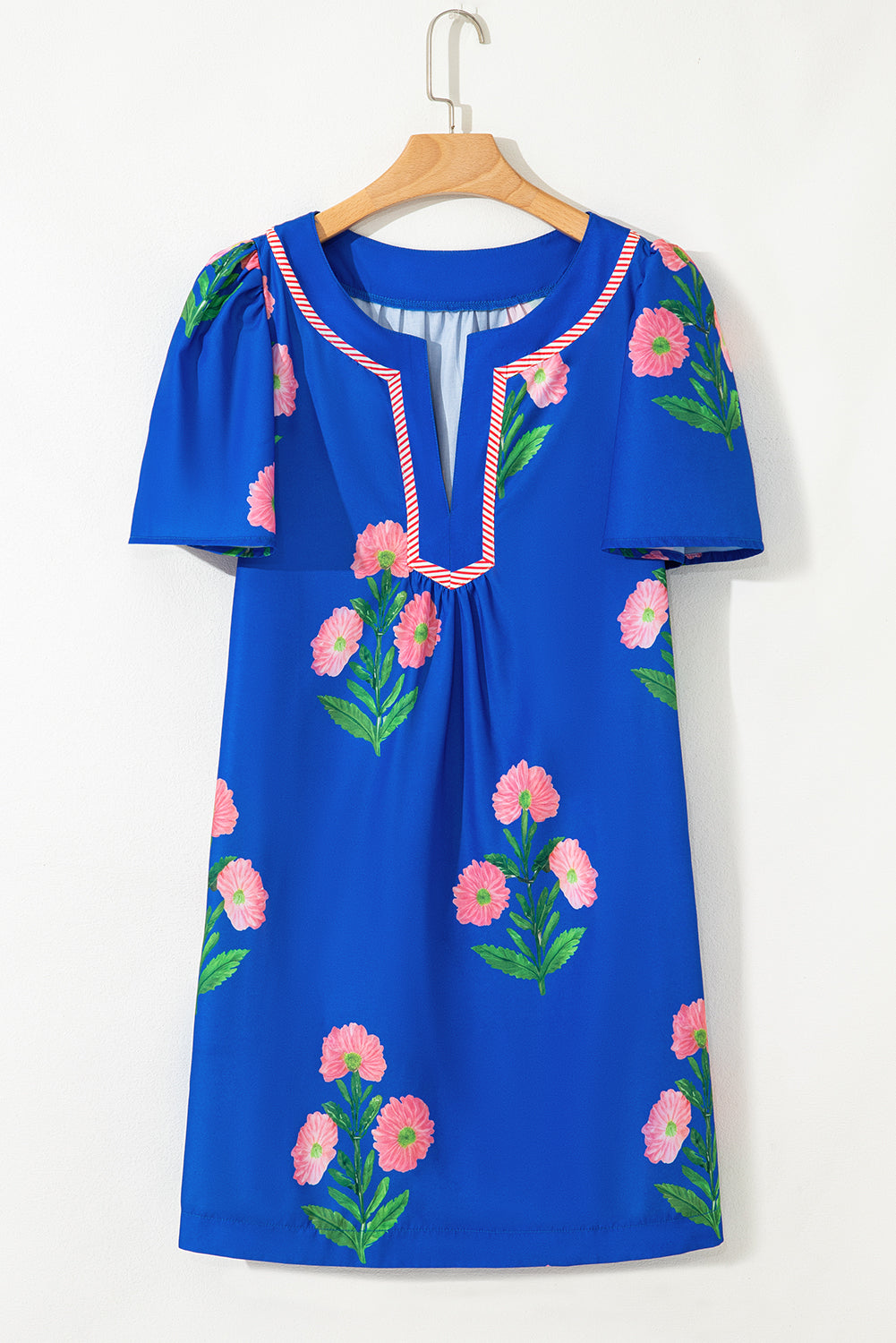 Short Sleeve Split Neck Floral Mini Dress