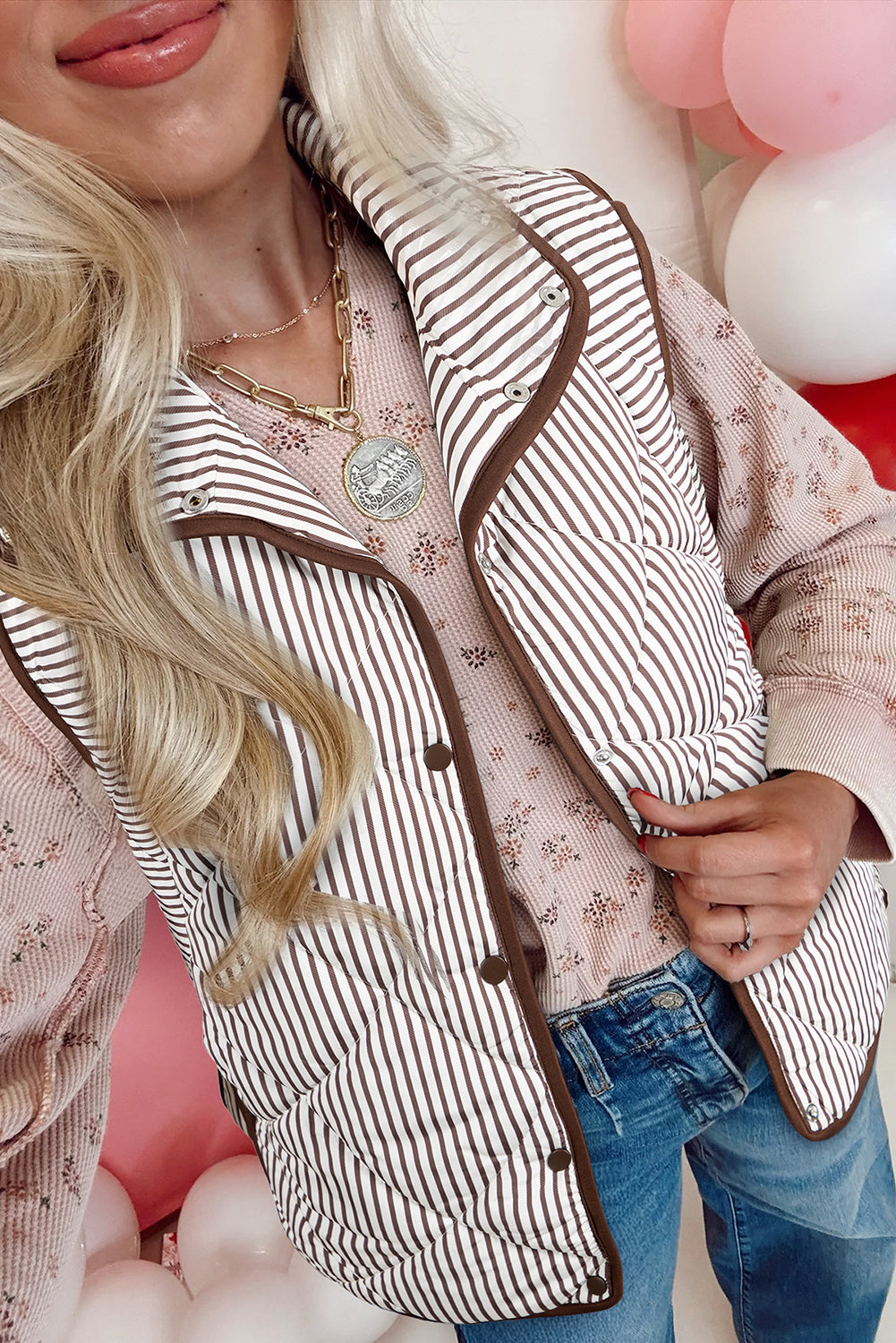 Brown Striped Snap Button Winter Vest