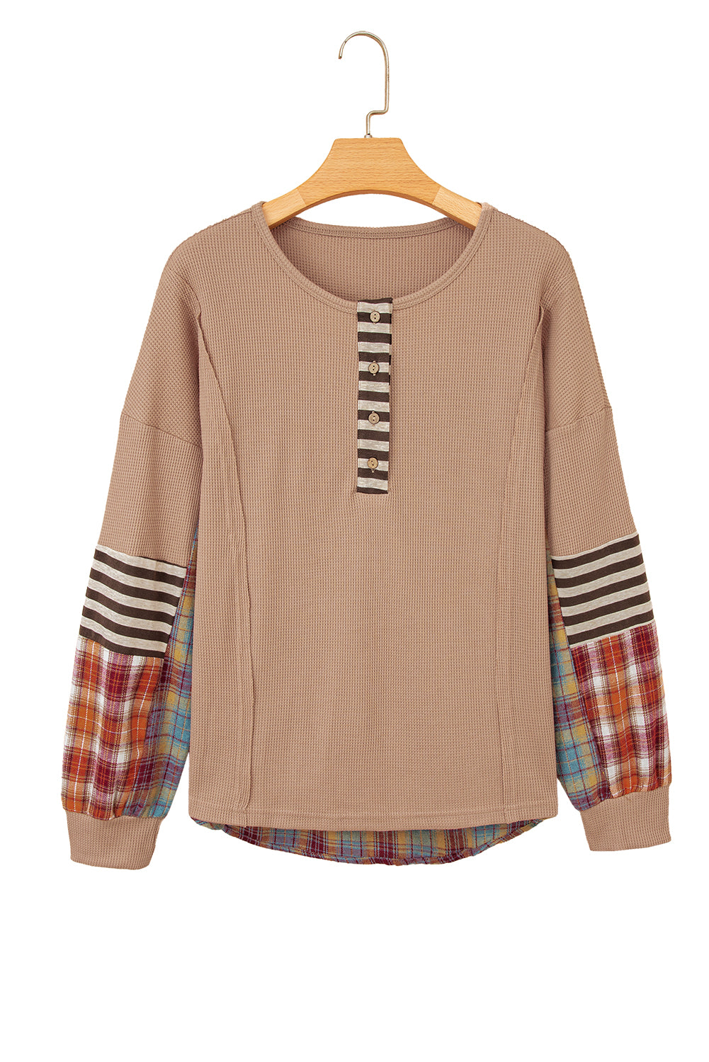 Beige Waffle Stripe Plaid Top