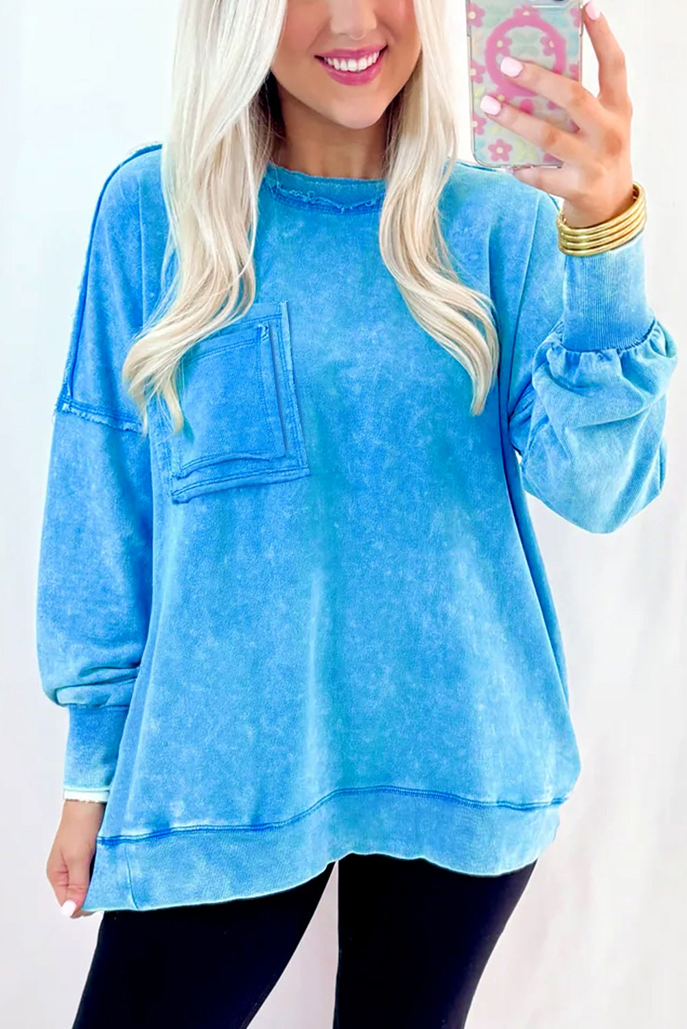 Blue Washed Pocket Pullover Sweatshirt