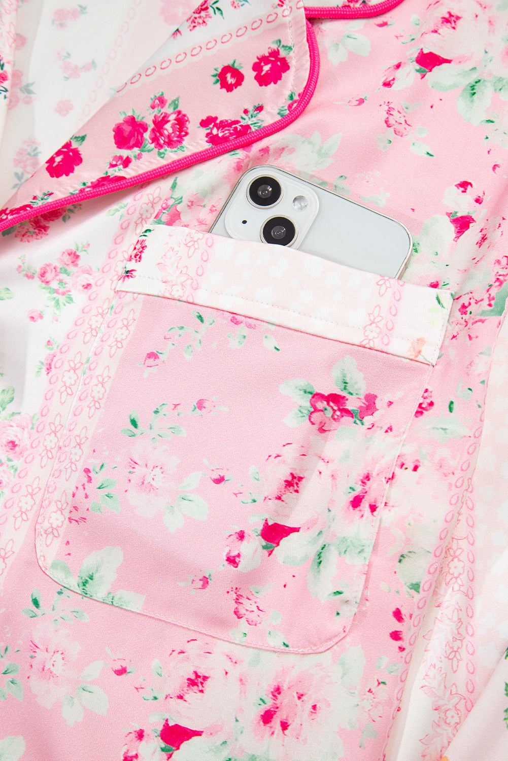 Pink Floral Print Satin Tie Pajama Set