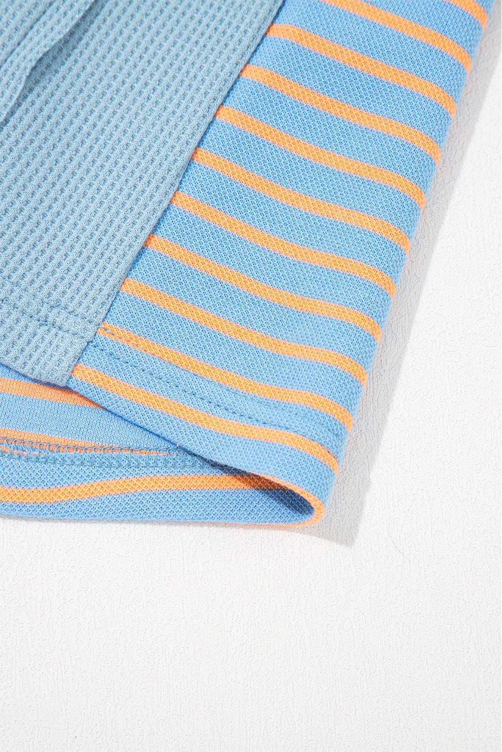 Blue Seam Waffle Striped Patchwork Baggy Pullover