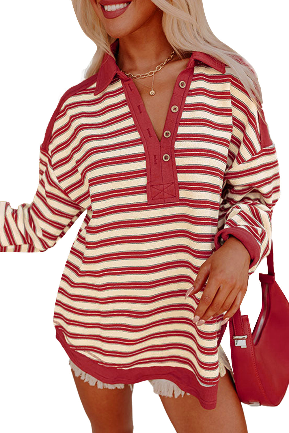 Red Stripe Collared V Neck Drop Shoulder