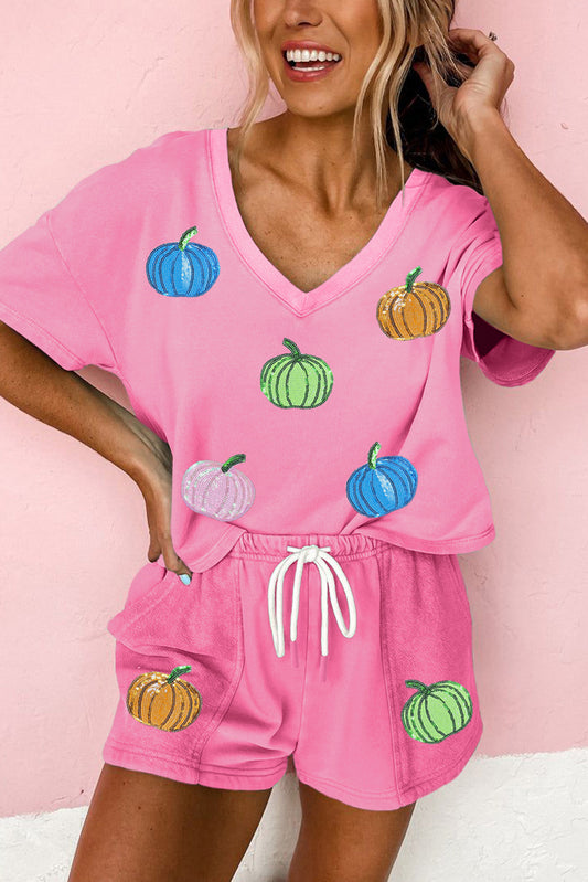 Halloween Pumpkin Pattern V Neck Tee and Drawstring Shorts Set