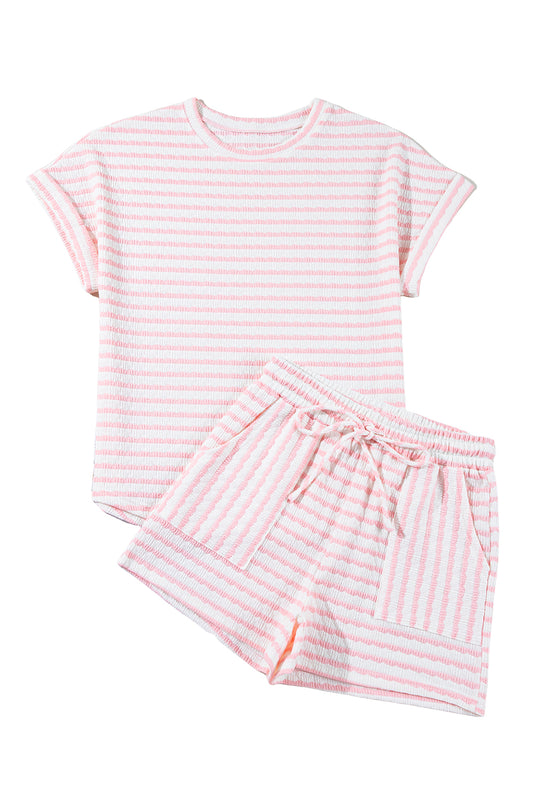 Pink Striped Short Sleeve Top and Pocket Shorts Set