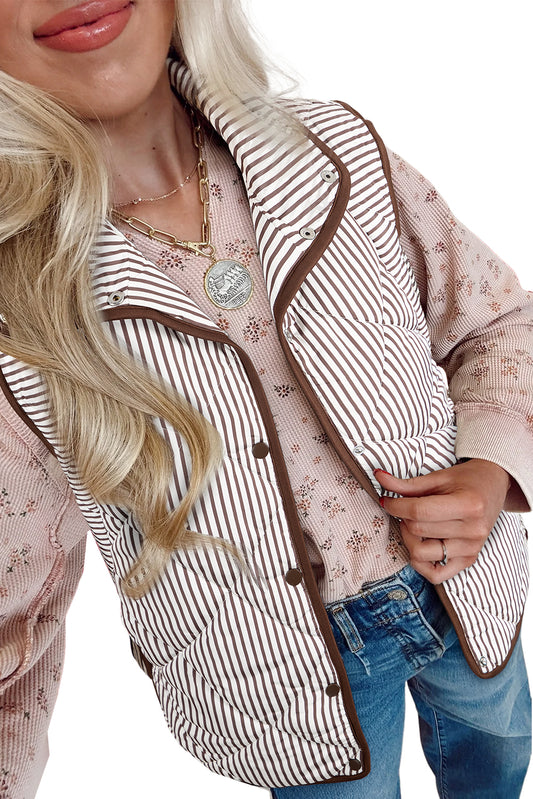 Brown Striped Snap Button Winter Vest