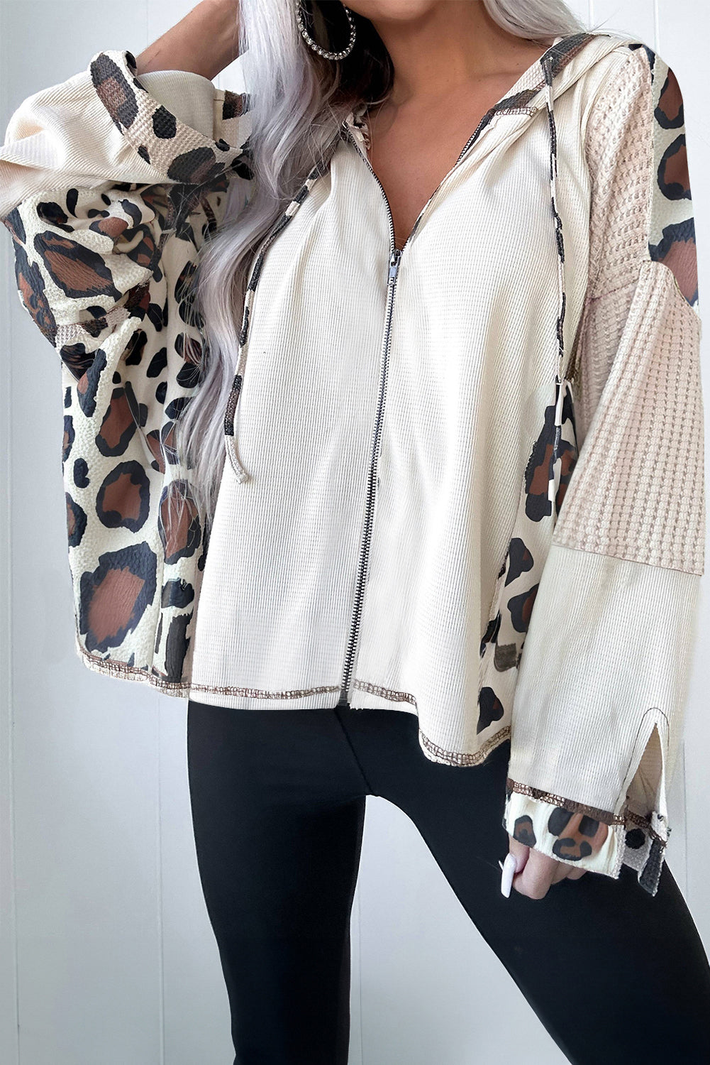Apricot Leopard Zip Up Drop Shoulder Hoodie