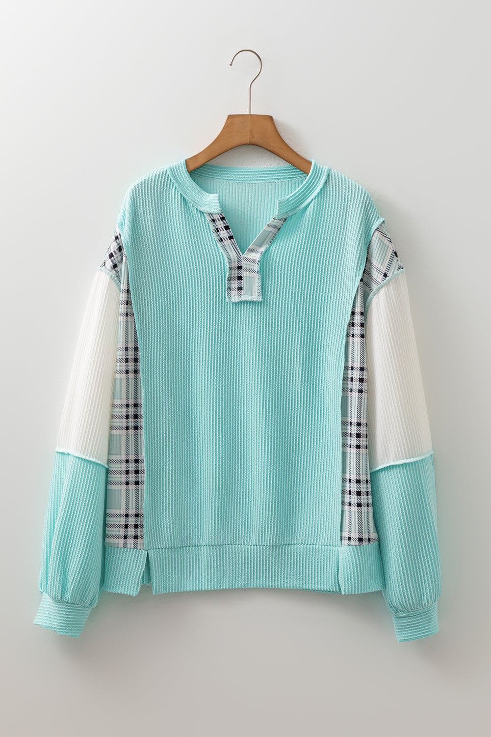 Blue Split Neck Long Sleeve Top