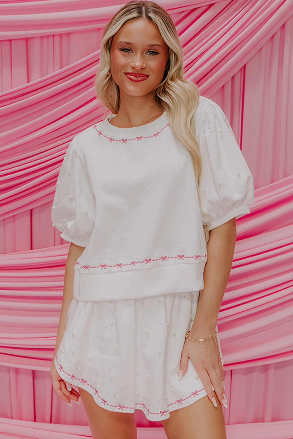 Pink Bow Trim Pearl Blouse and Skort Set