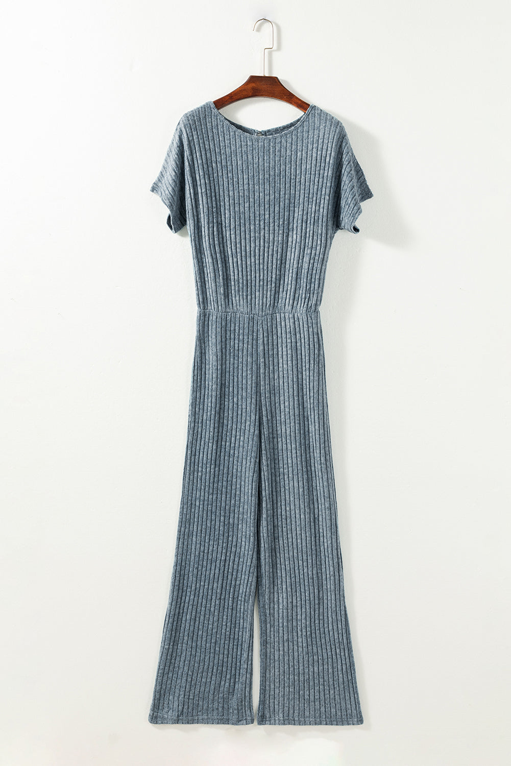 Blue Ribbed Short Sleeve Wide Leg Jumpsuit