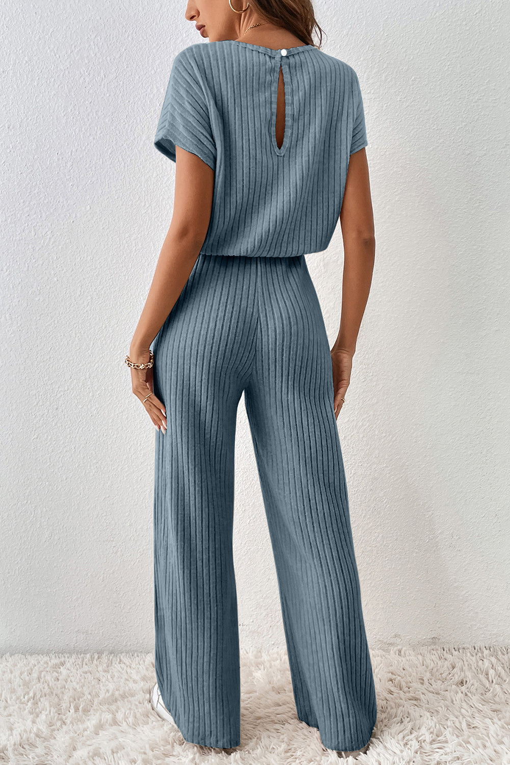 Blue Ribbed Short Sleeve Wide Leg Jumpsuit